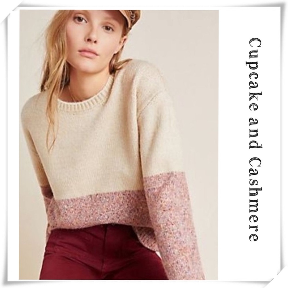CUPCAKE and Cashmere Color Block Crew neck Chunky Sweater in Beige / Pink Size M